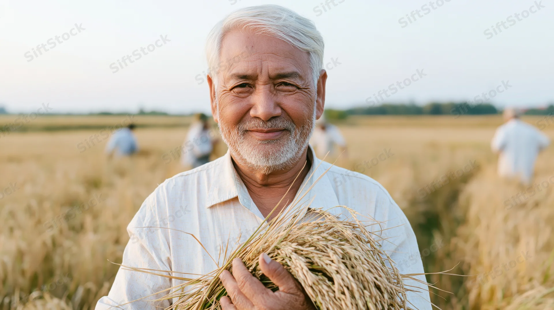 Elderly asian farmer smiling while holding a bundle of harvested rice in a golden field