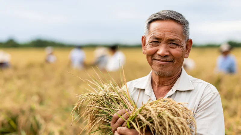 Senior asian farmer holding rice stalks in a golden field during harvest