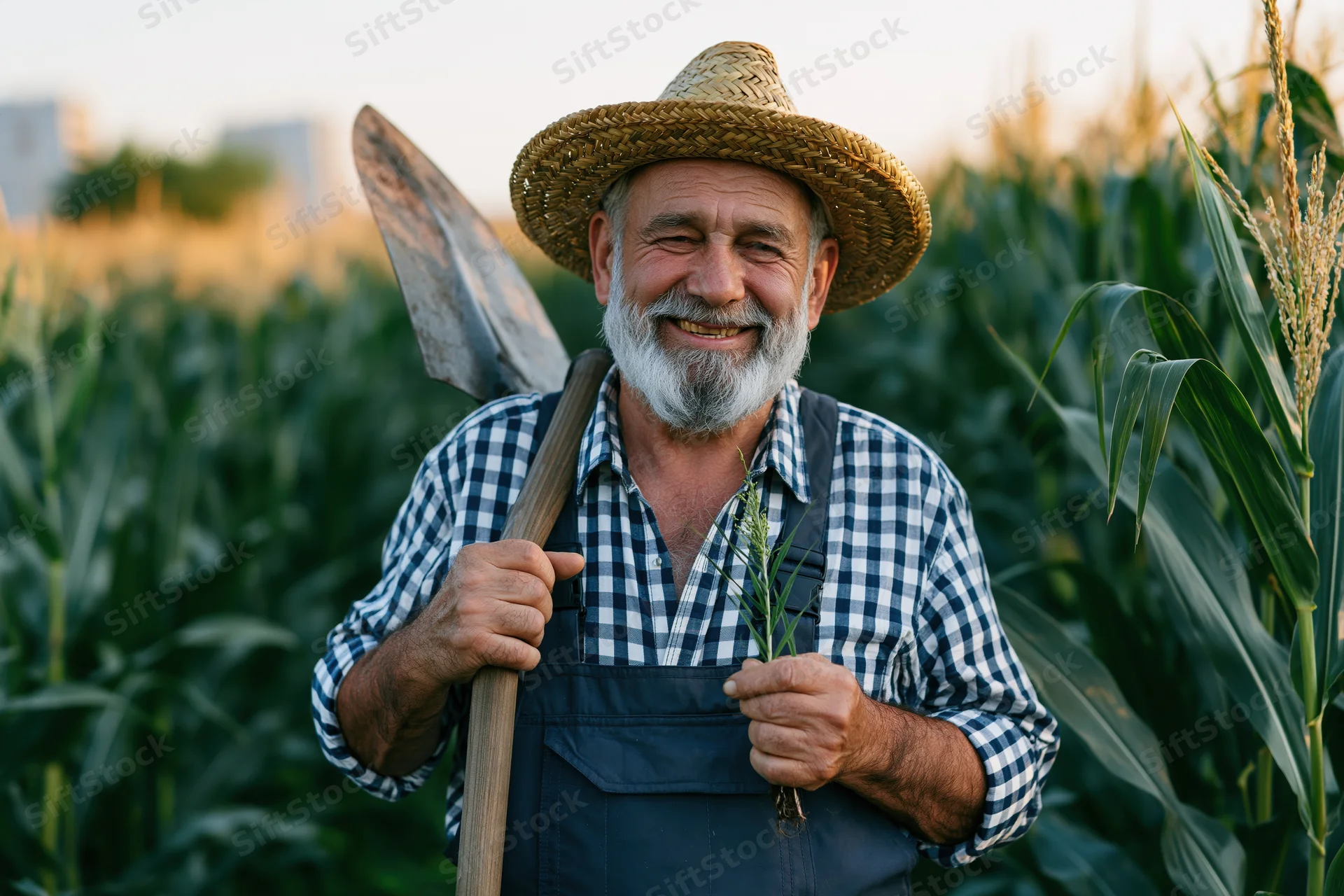 Senior farmer smiling in cornfield holding shovel and corn stalk