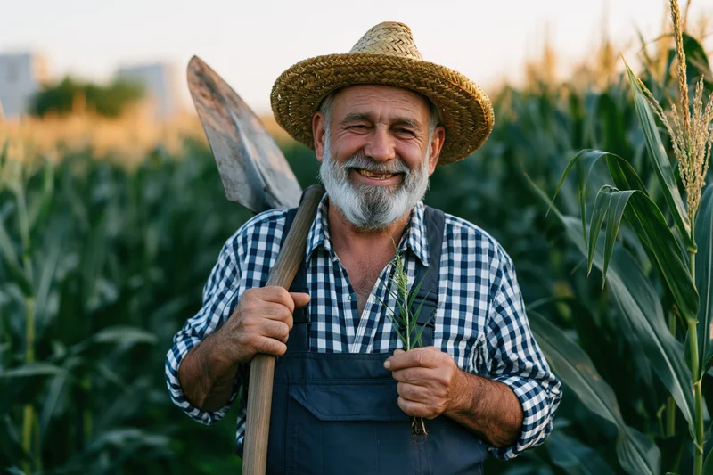 Senior farmer smiling in cornfield holding shovel and corn stalk
