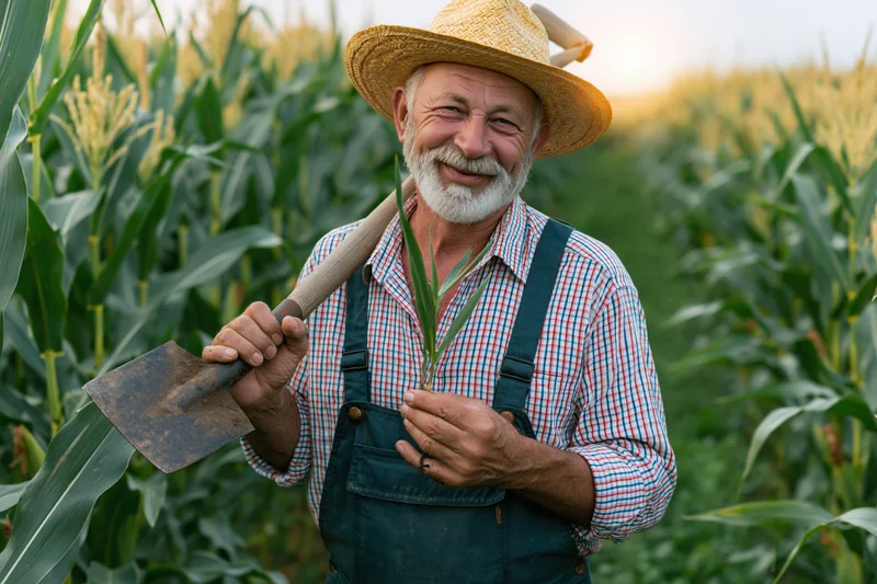 Senior farmer smiling while holding corn plant and shovel in a field