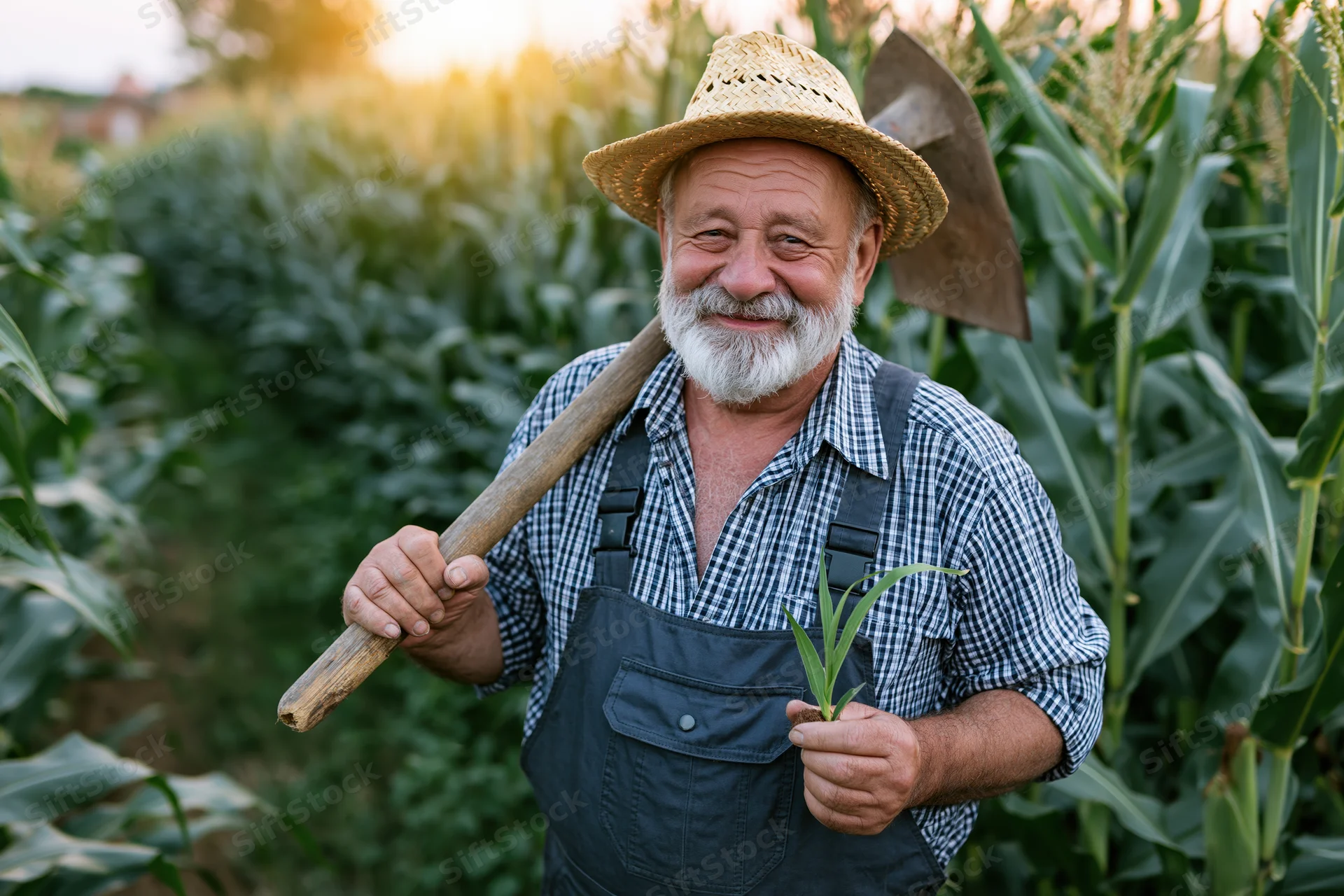 Senior farmer holding corn seedling and shovel in a cornfield at golden hour