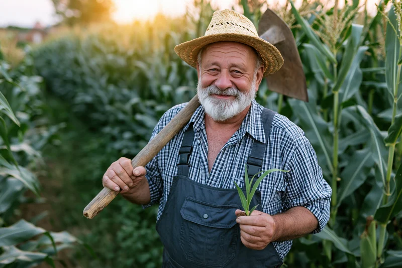 Senior farmer holding corn seedling and shovel in a cornfield at golden hour