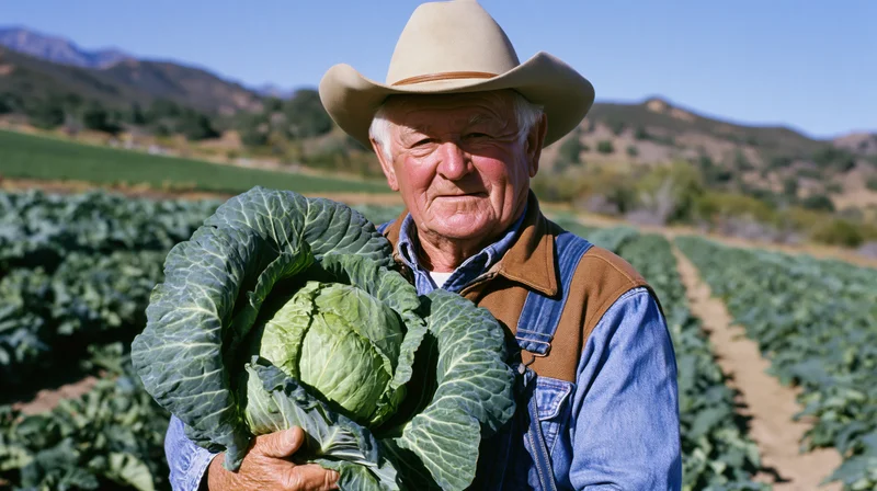 Senior farmer holding a cabbage in a cultivated field