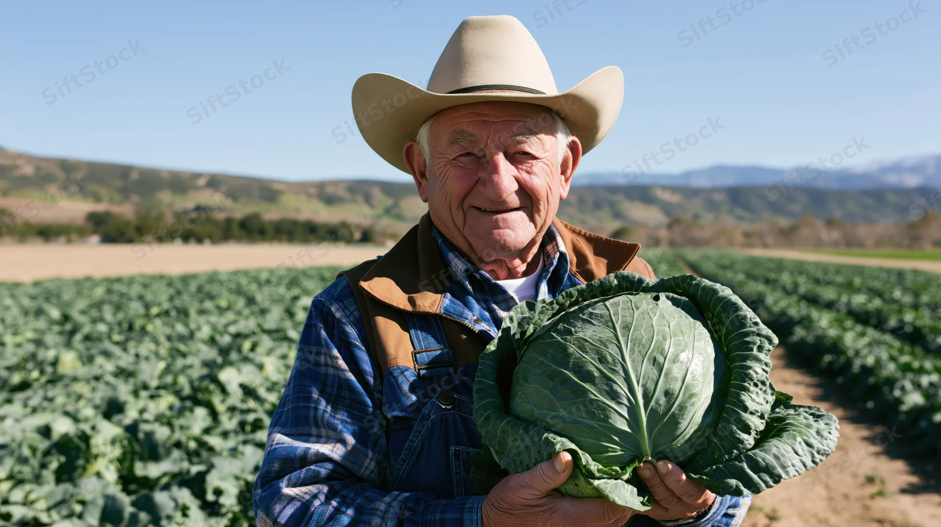 Senior farmer holding a large cabbage in a cultivated field