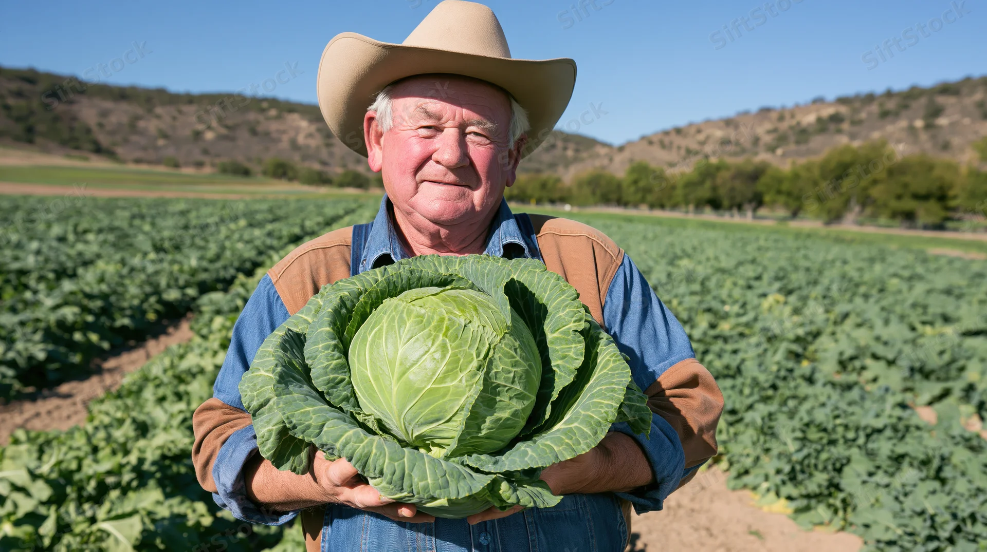 Elderly farmer holding a large cabbage in a green field