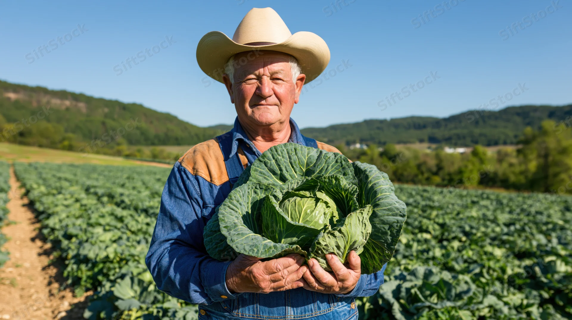 Senior farmer holding a cabbage in a field on a sunny day