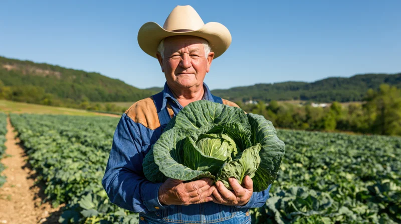 Senior farmer holding a cabbage in a field on a sunny day