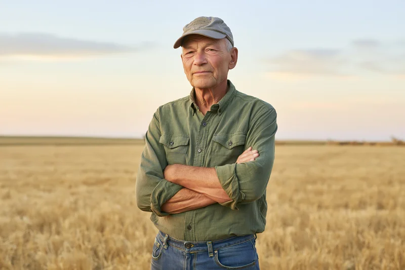 Senior farmer standing with arms crossed in a golden wheat field at sunset