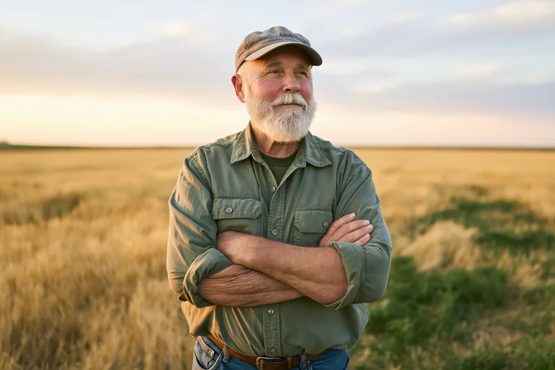 Senior man with arms crossed standing in a golden field at sunset