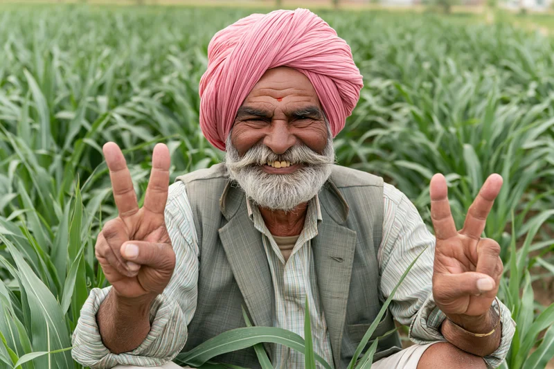 Senior sikh farmer smiling and making peace signs in a cornfield