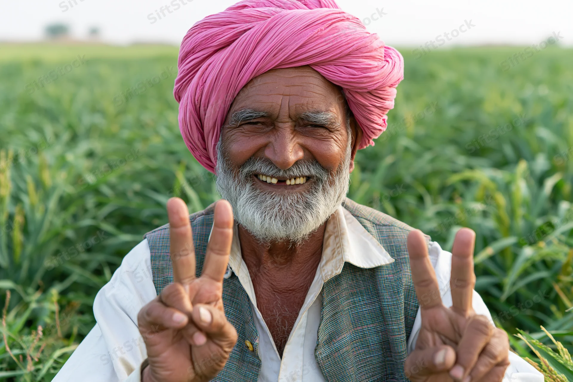 Senior indian farmer smiling and making peace signs in a cornfield