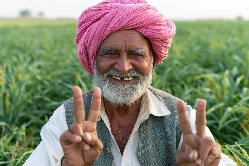 Senior indian farmer smiling and making peace signs in a cornfield