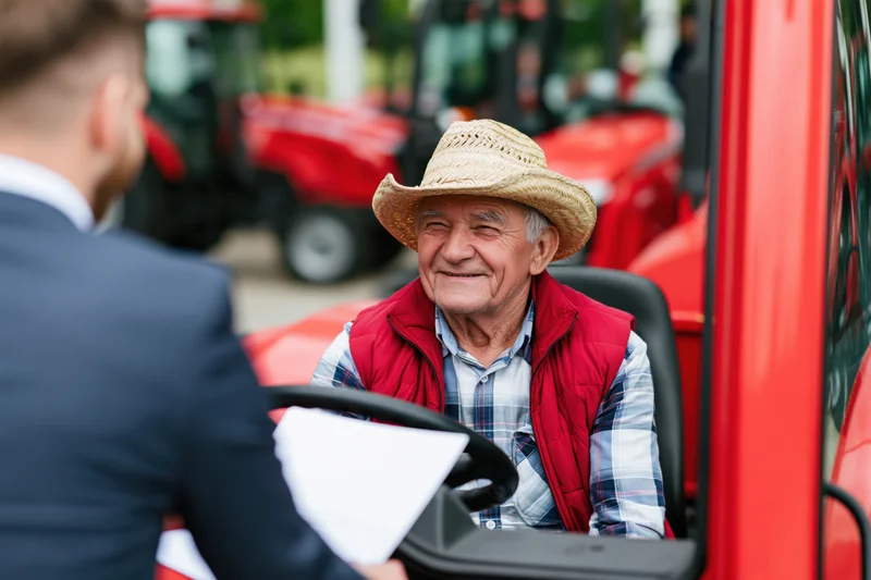 Senior farmer smiling in red tractor cab during sale negotiation with salesperson at dealership