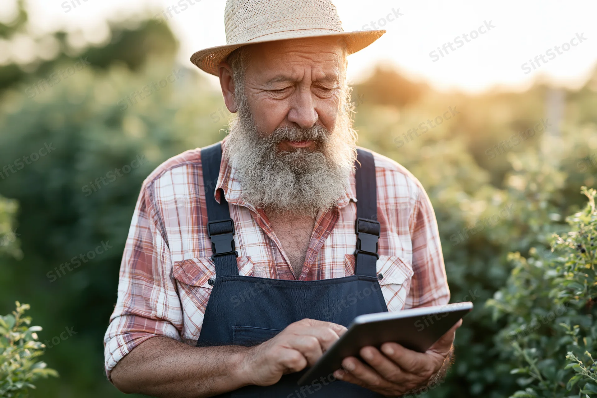 Senior farmer using tablet in garden during sunset
