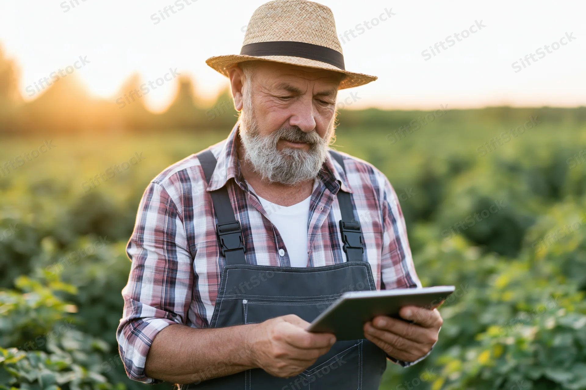 Senior farmer using tablet in field during sunset