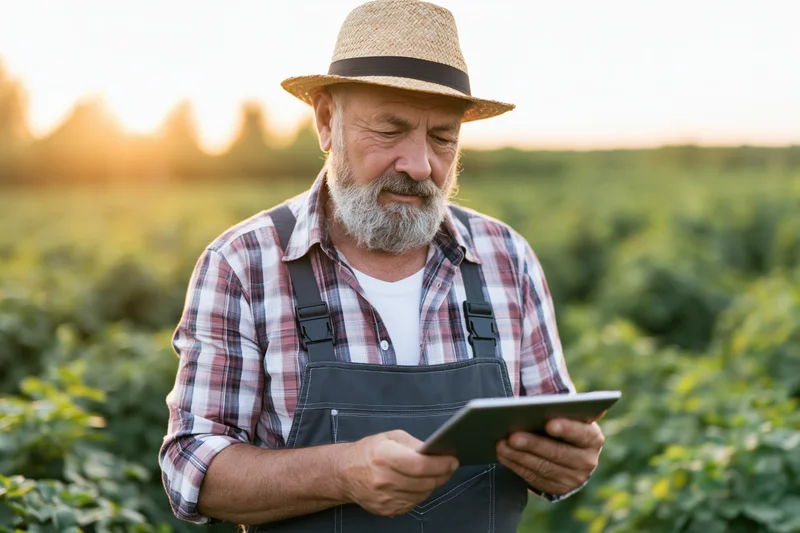 Senior farmer using tablet in field during sunset