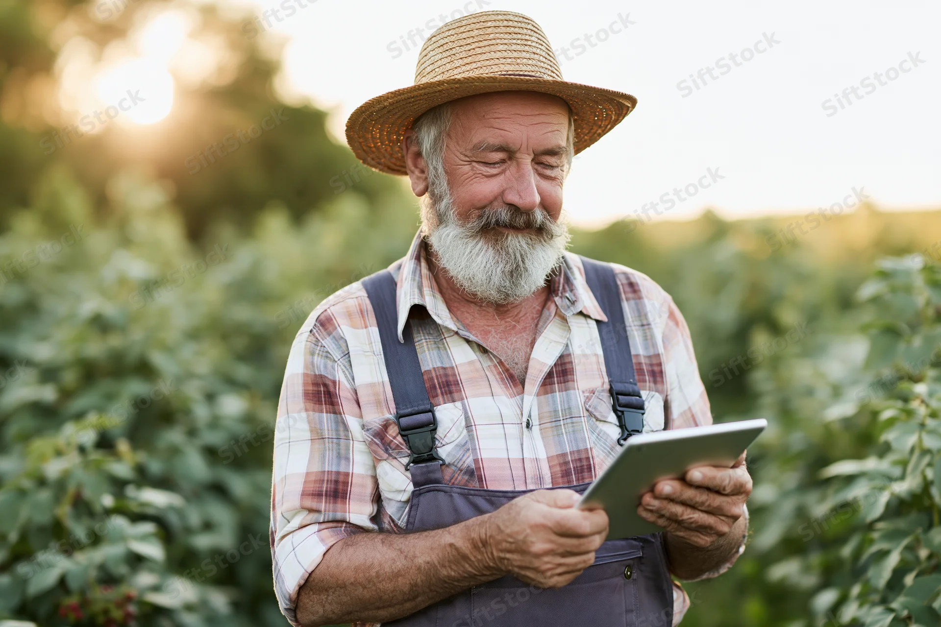Senior farmer using tablet in a field during golden hour