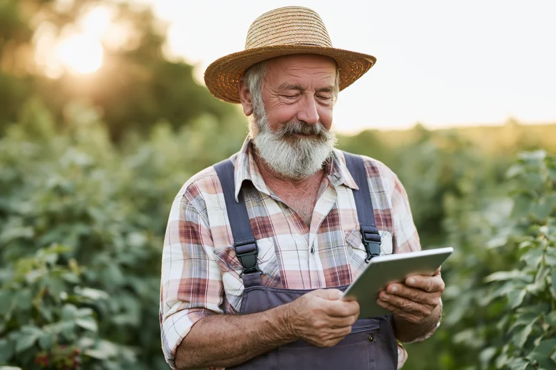 Senior farmer using tablet in a field during golden hour