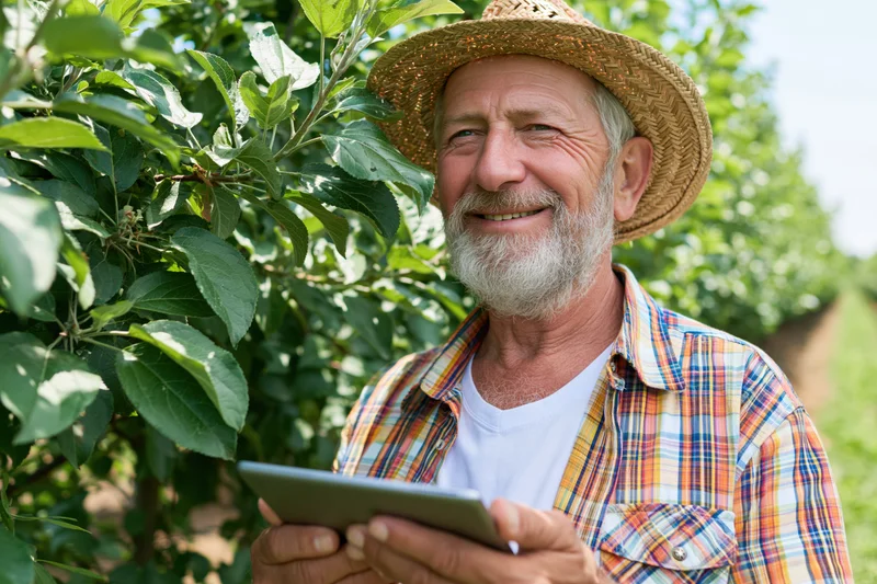 Senior man smiling while holding tablet in apple orchard
