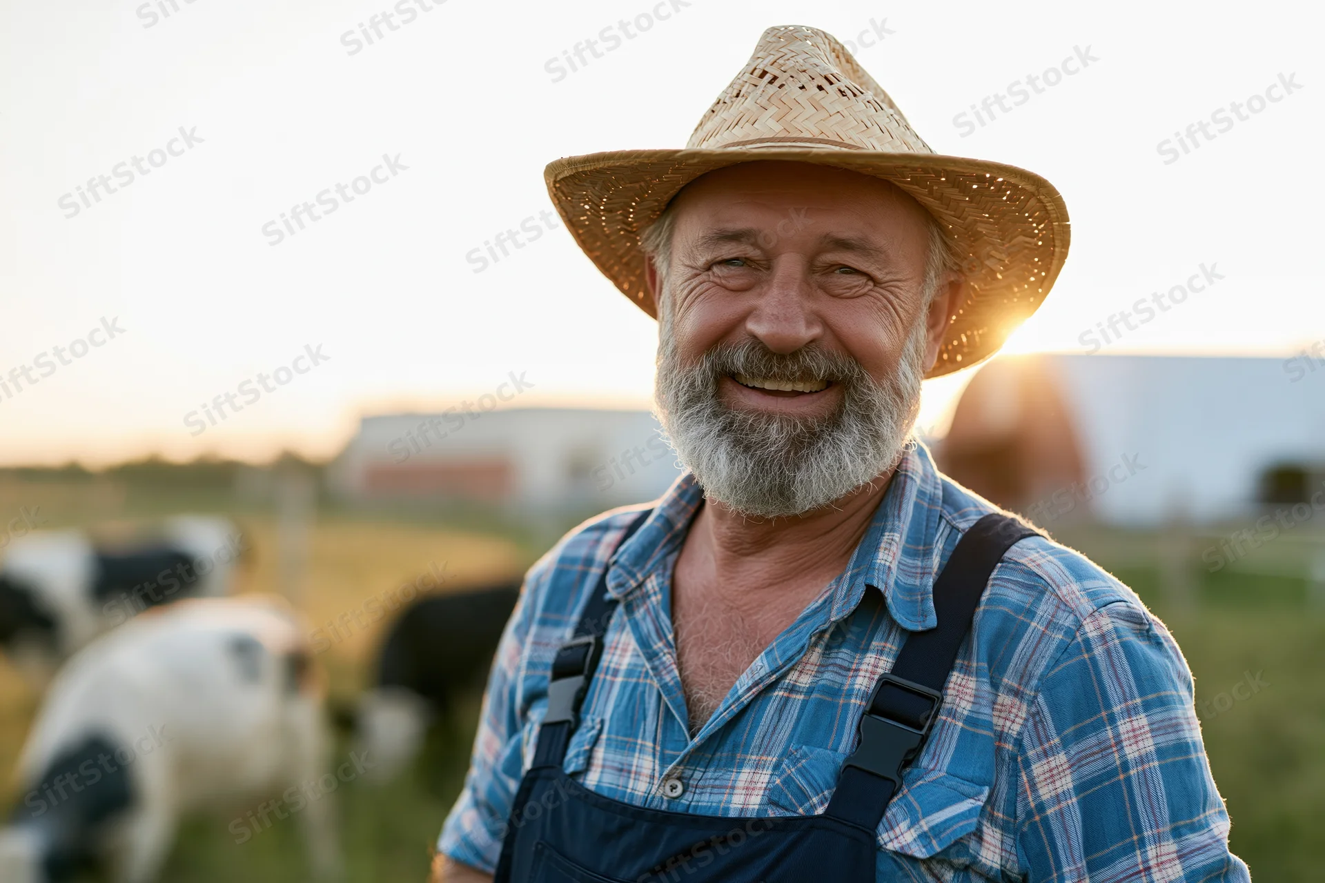 Senior farmer smiling in a pasture with cattle at sunset