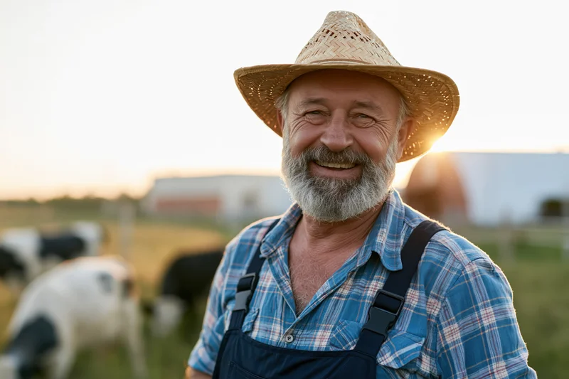 Senior farmer smiling in a pasture with cattle at sunset