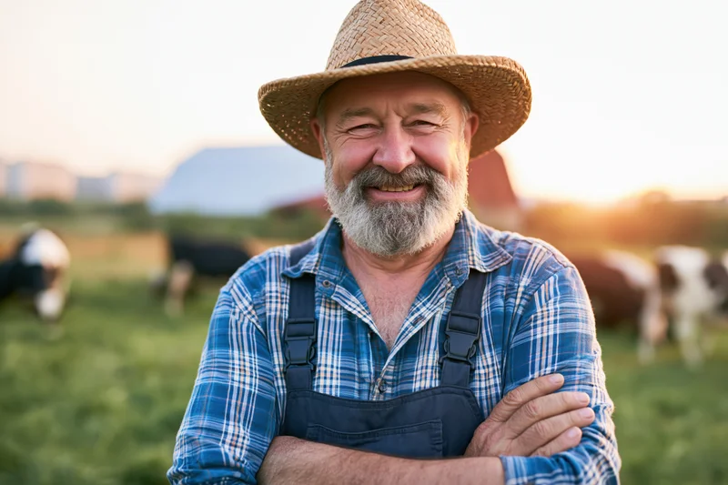 Senior farmer smiling with arms crossed in a pasture at sunset