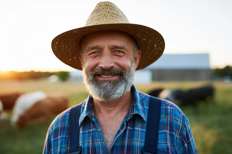 Smiling senior farmer in straw hat and overalls standing in pasture at sunset with cattle and barn in background