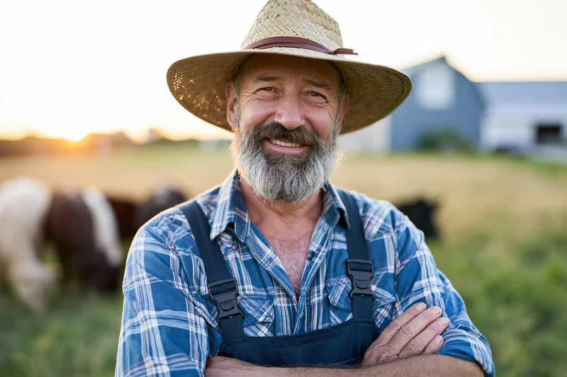 Senior farmer smiling with arms crossed in a field at sunset near cattle and barn