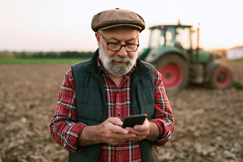 Senior farmer using smartphone in plowed field with tractor in background