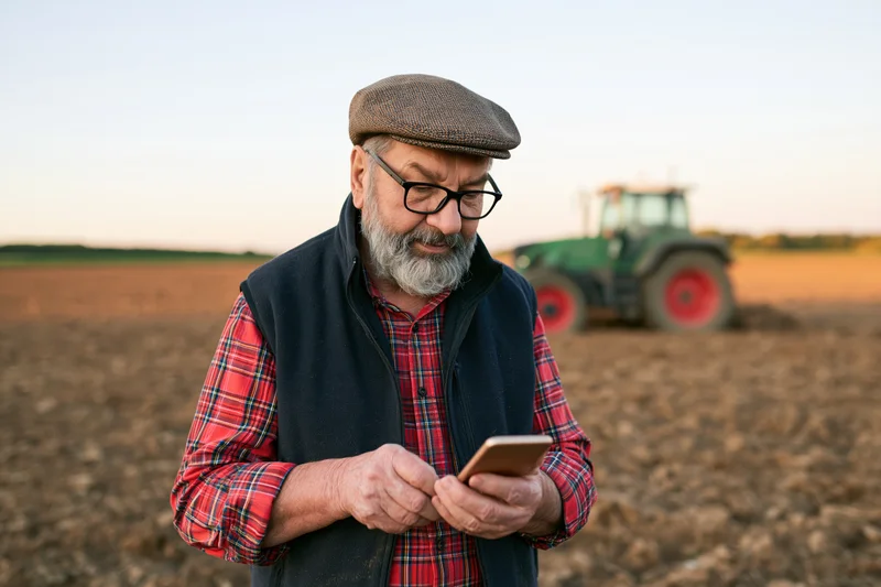 Senior farmer using smartphone in field with tractor in background