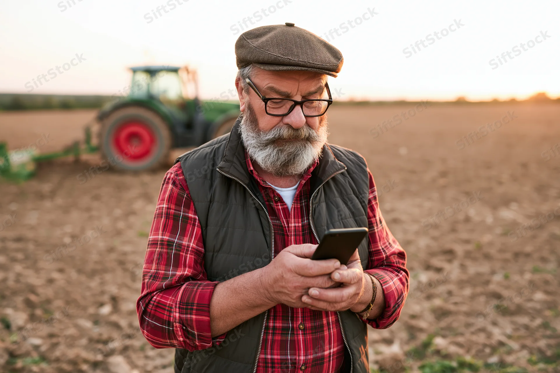 Senior farmer using smartphone in plowed field at sunset with tractor in background