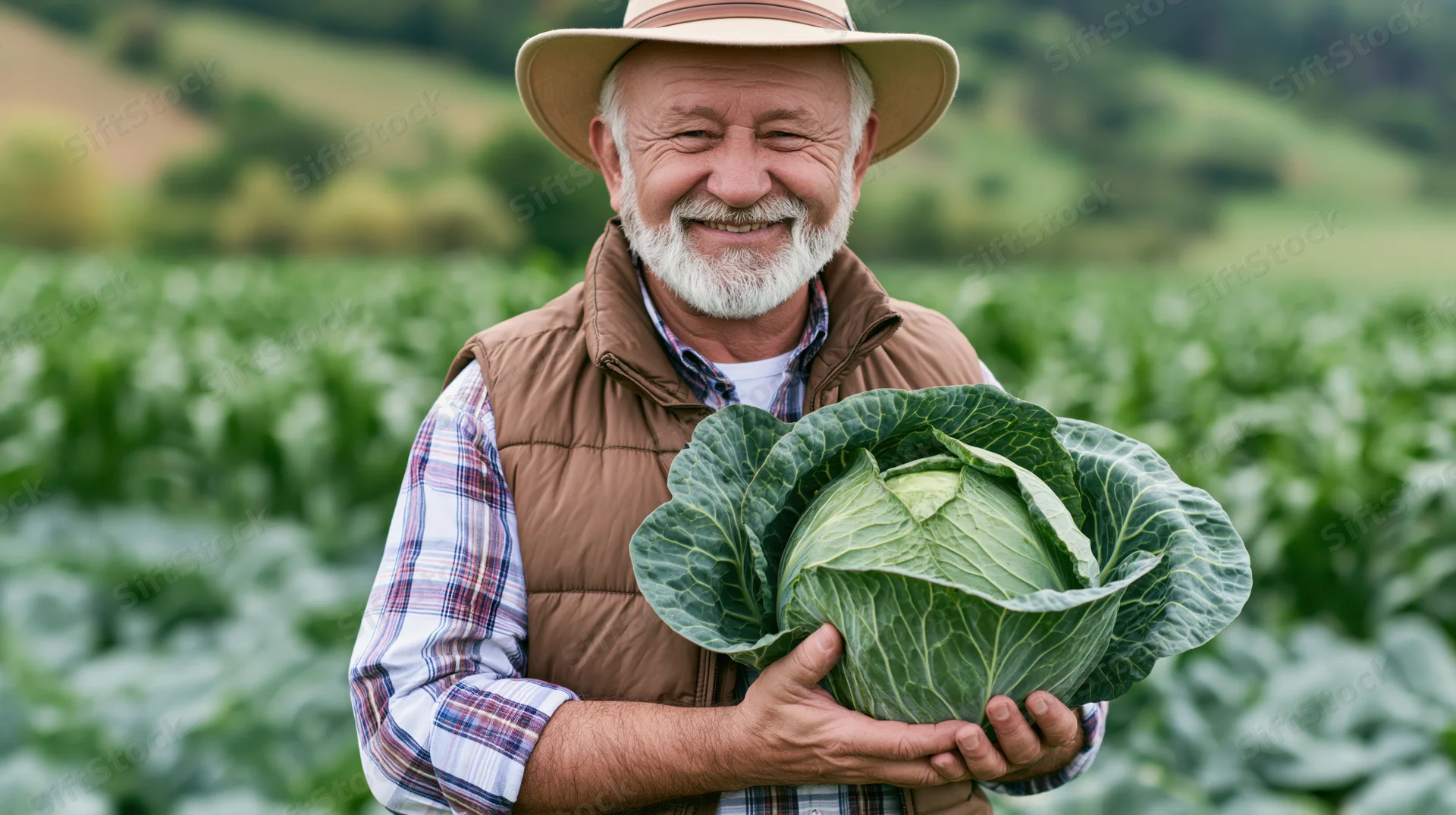 Senior farmer holding a large cabbage in a green field