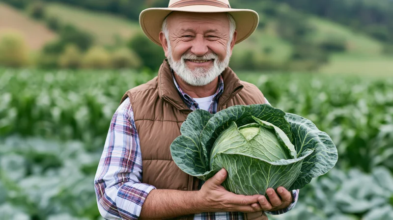 Senior farmer holding a large cabbage in a green field