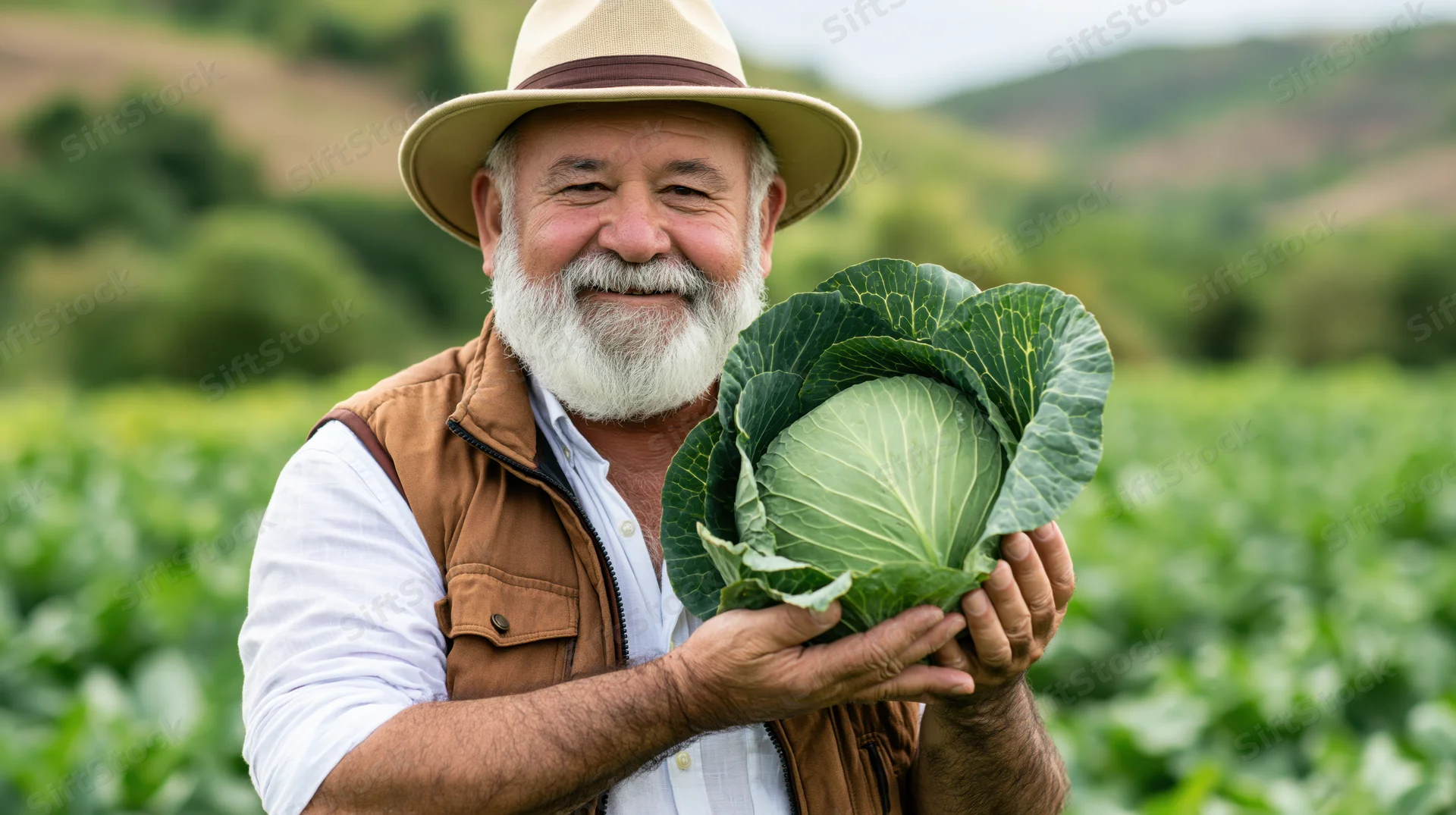 Senior farmer holding a fresh cabbage in a green field