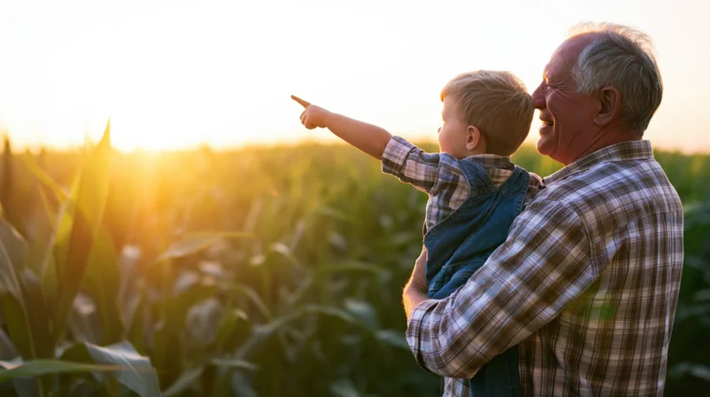 Grandfather holding young child in cornfield at sunset, pointing into distance