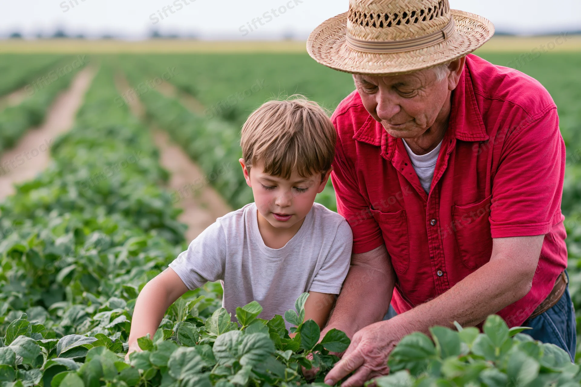 Grandfather and young boy examining soybean plants in a field