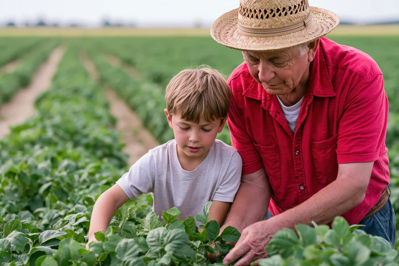 Grandfather and young boy examining soybean plants in a field