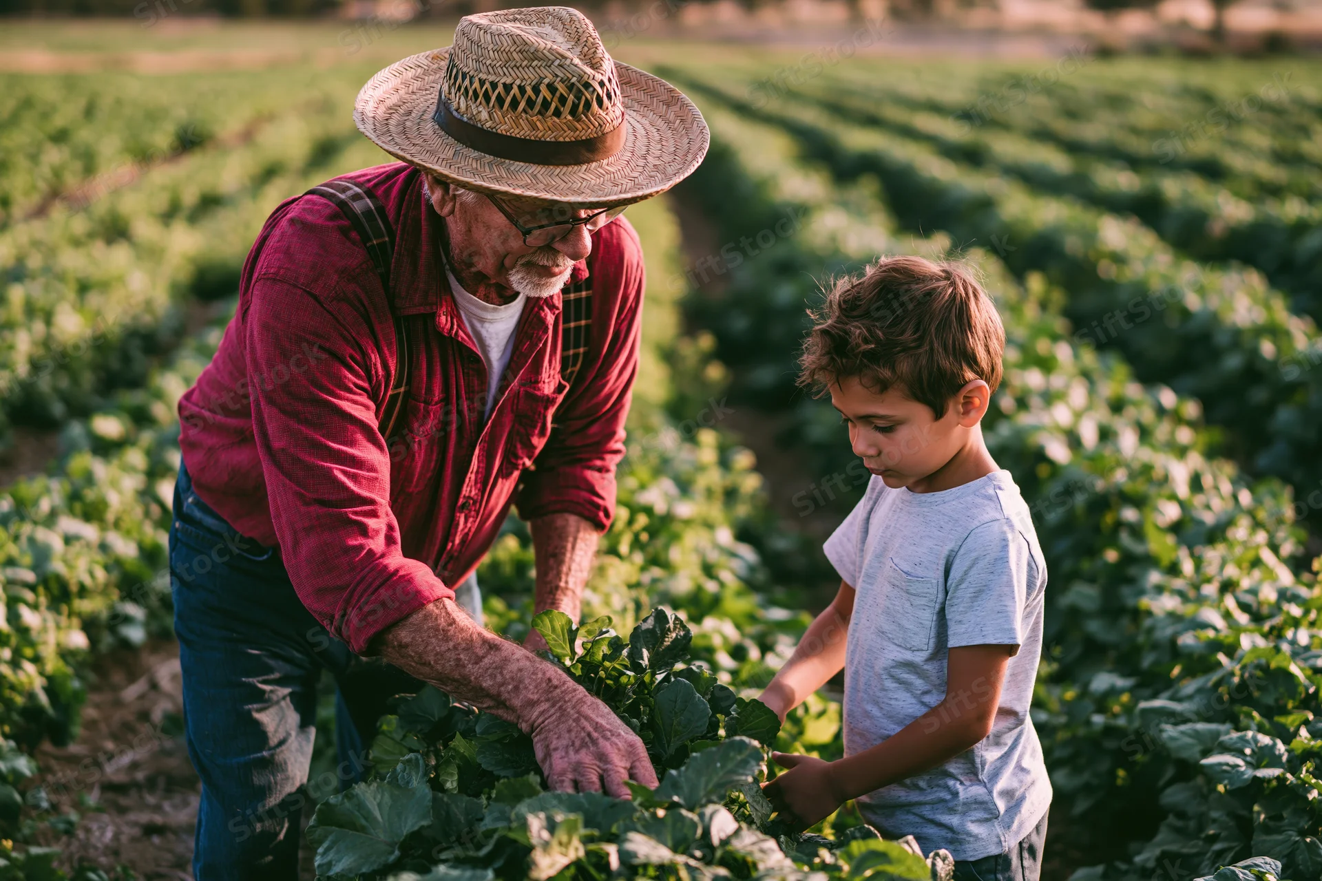 Grandfather teaching boy to inspect plants in a vegetable field at golden hour