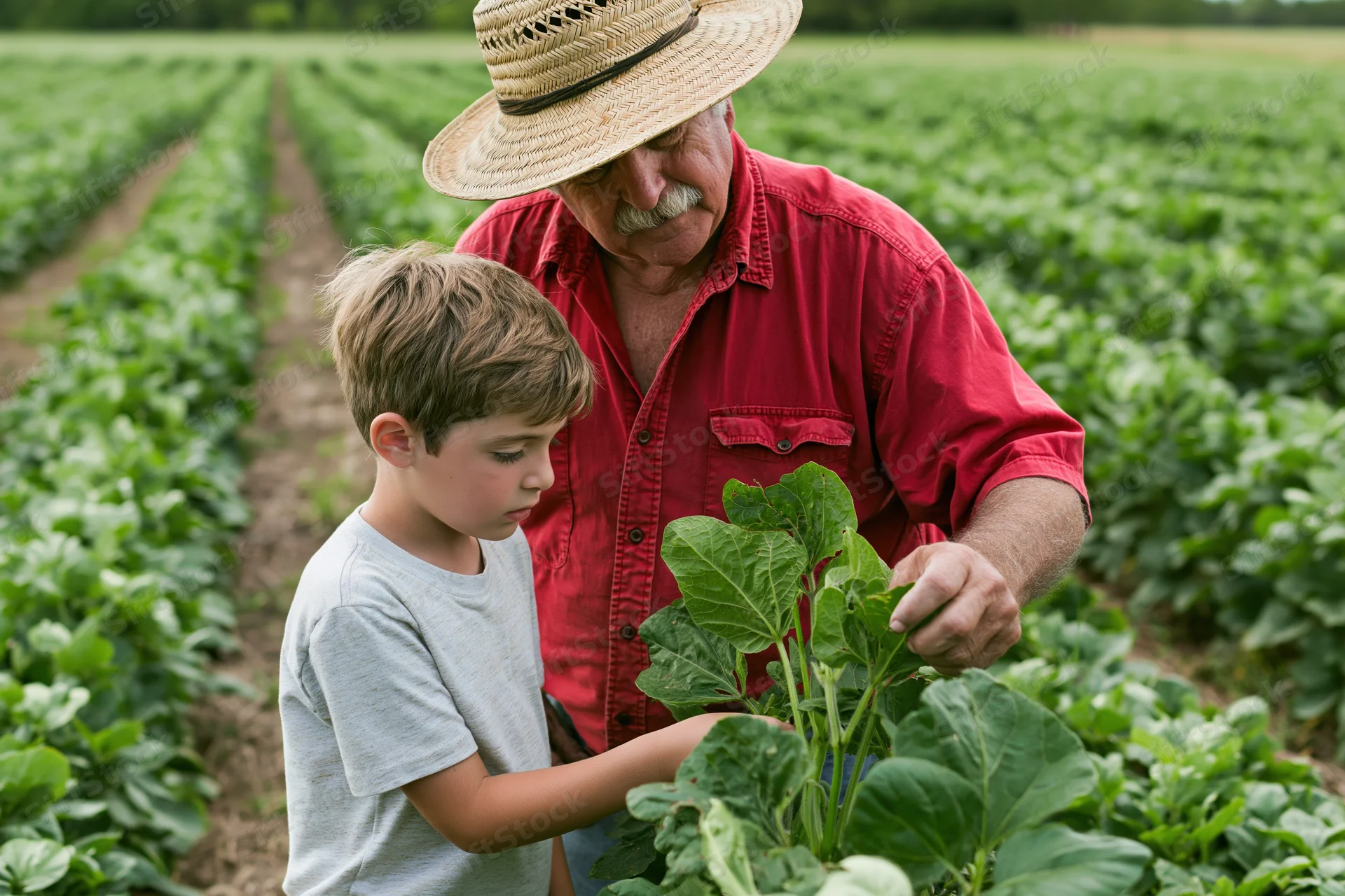 Older man and young boy examining a leafy plant in a cultivated field