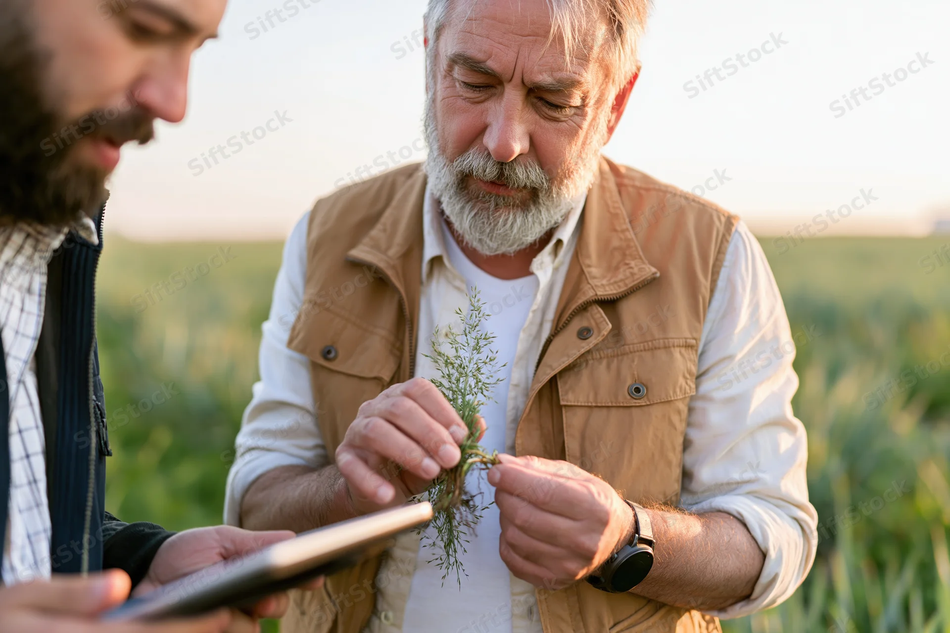 Senior farmer inspecting plant roots in a field with a younger man using a tablet