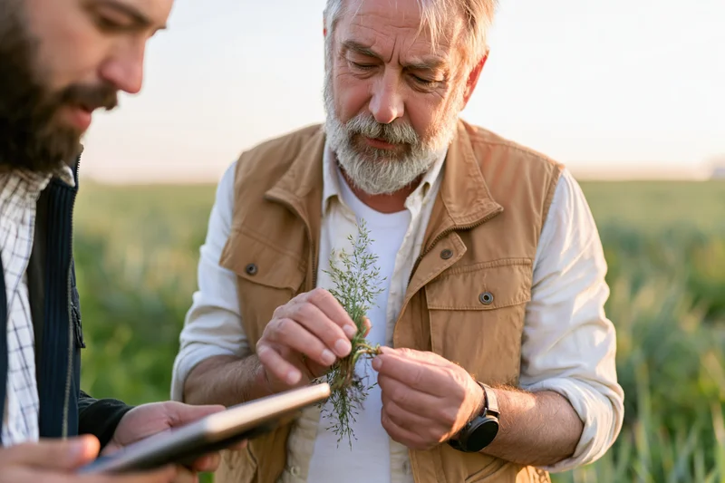 Senior farmer inspecting plant roots in a field with a younger man using a tablet