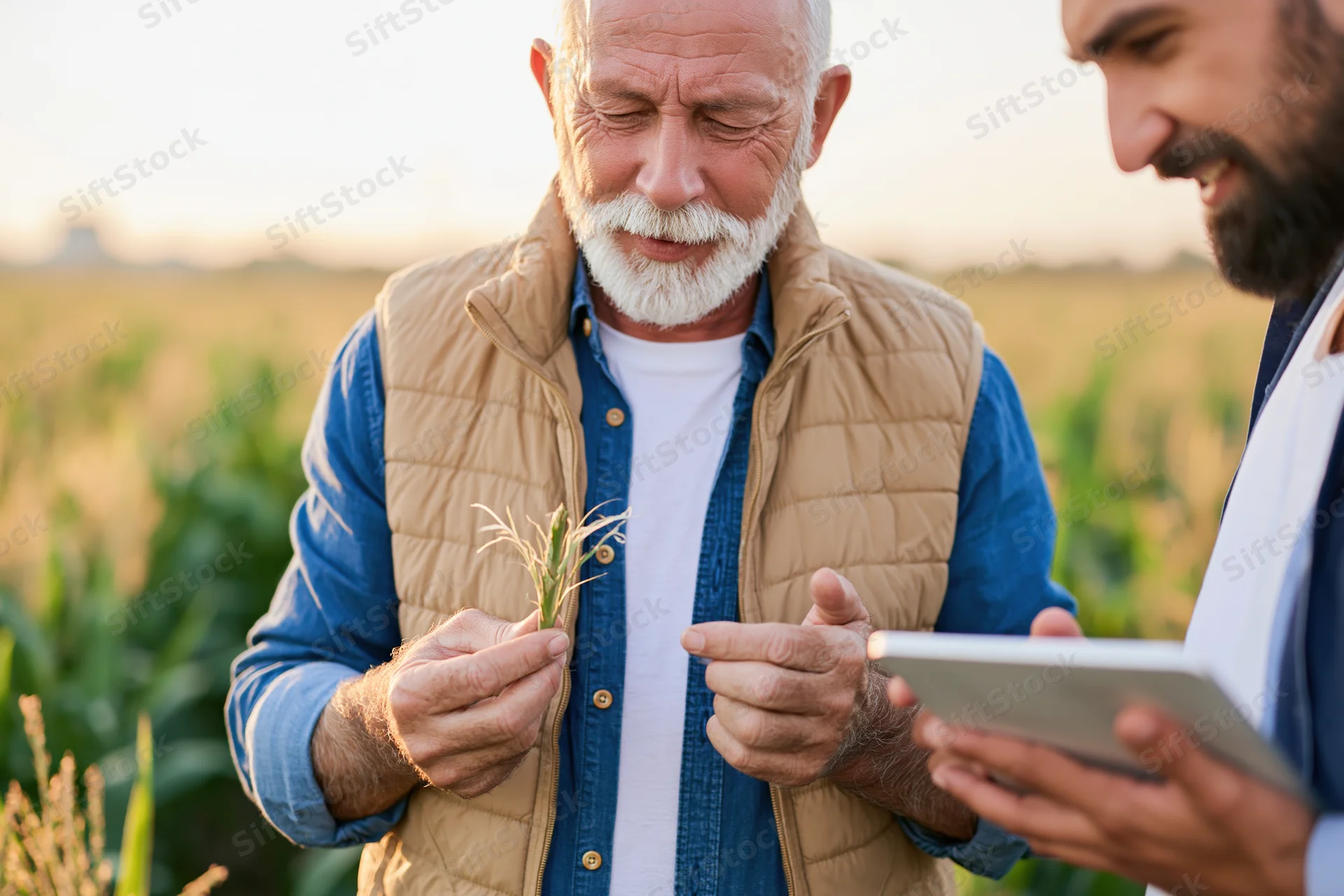 Senior farmer examining corn plant with agronomist using tablet in field