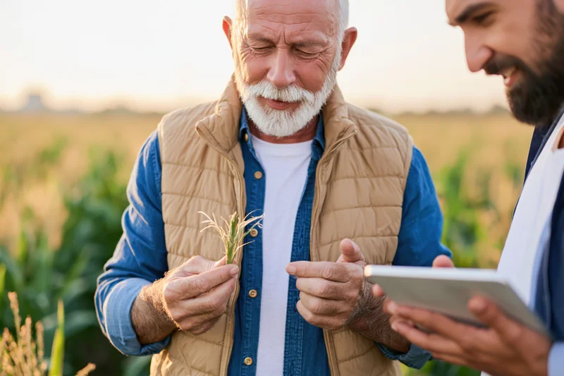 Senior farmer examining corn plant with agronomist using tablet in field