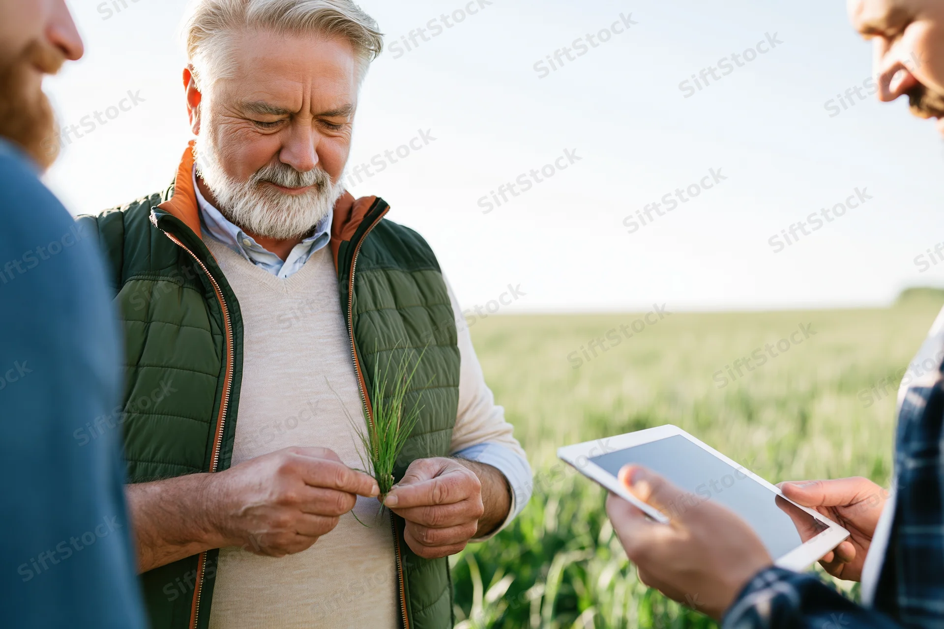 Senior farmer examining wheat plant in field with colleagues using tablet