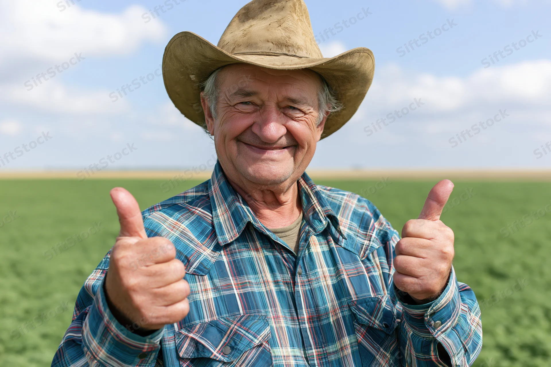 Senior farmer giving thumbs up in a green field