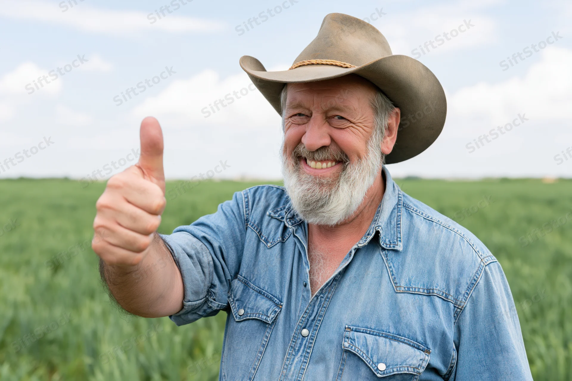 Senior man in cowboy hat giving thumbs up in a green field