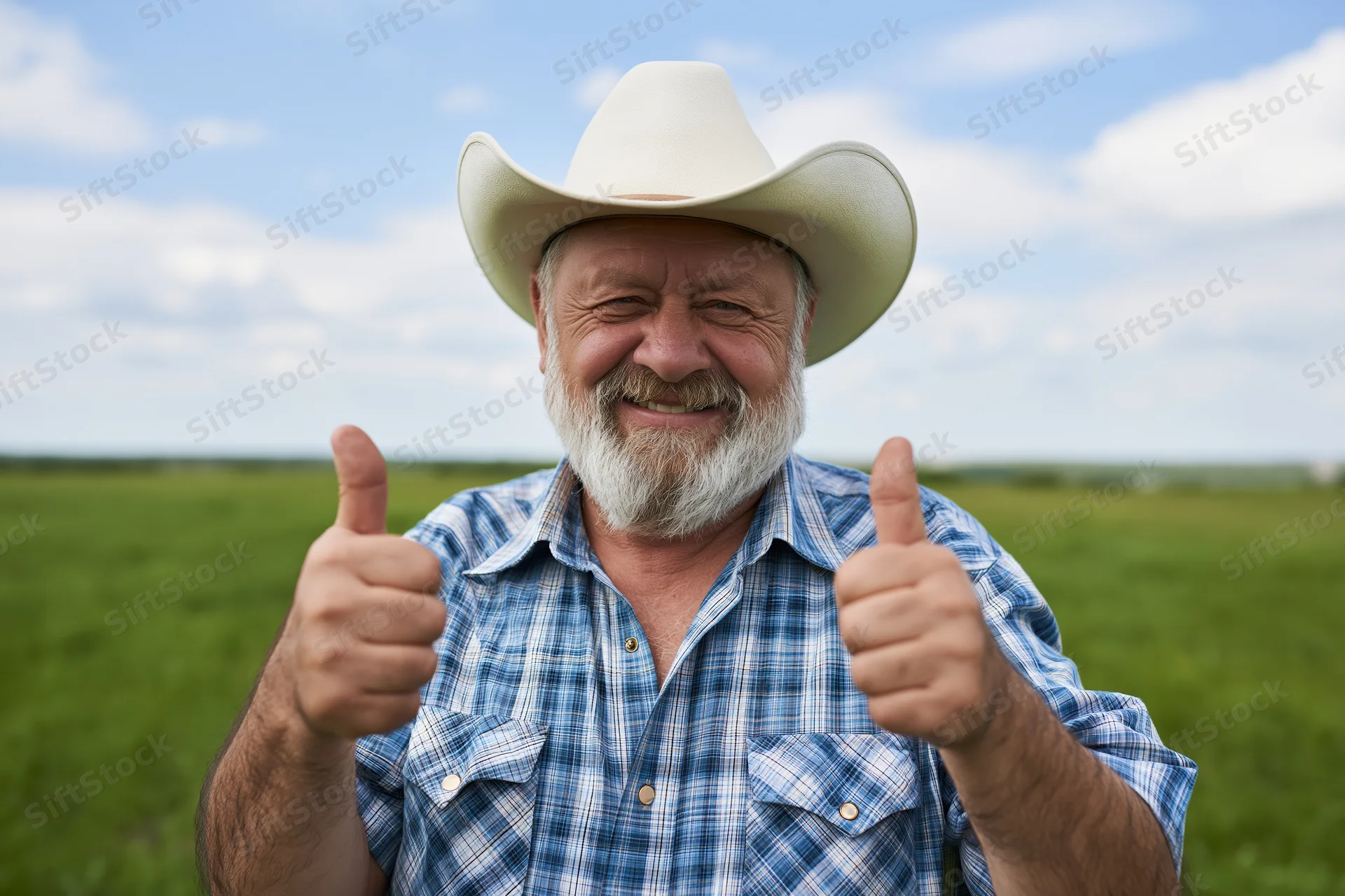 Senior man in cowboy hat giving thumbs up in green field