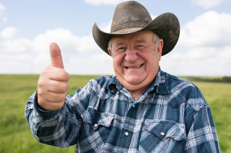 Senior man in cowboy hat giving thumbs up in a green field