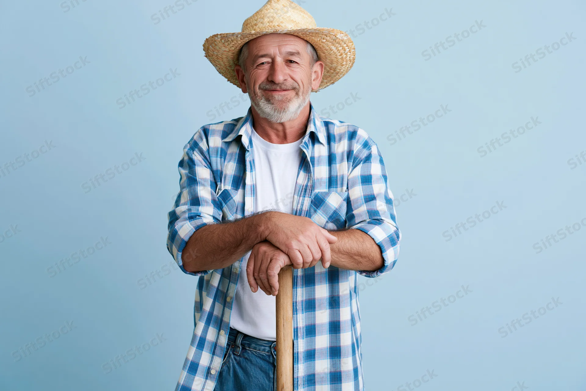 Senior man in straw hat and plaid shirt smiling while holding wooden stick against blue background